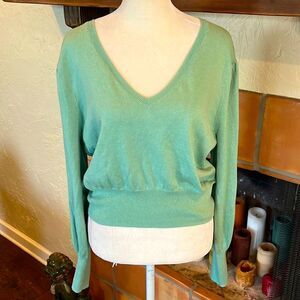 Crush Mint Green Prague V-neck cotton/silk/cashmere blend sweater, 2/M!